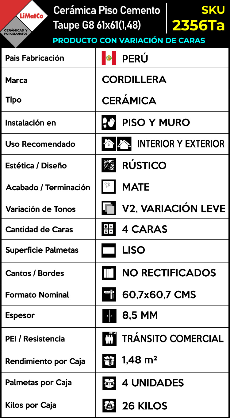 Cerámica Piso Cemento Taupe G8 4Caras 61x61