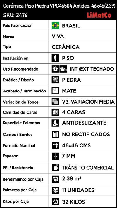 Cerámica Piso Piedra VPC46504 Antideslizante 4Caras 46x46(2,39) - Imagen 6