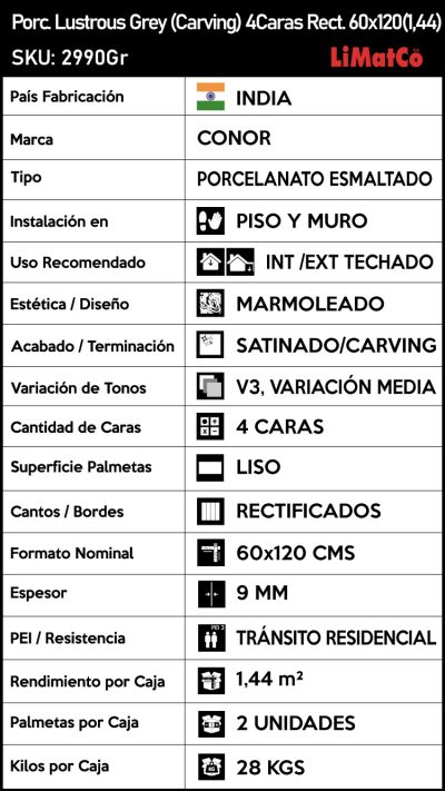 Porcelanato Lustrous Grey (Carving) 4Caras Rectificado 60x120(1,44) - Imagen 4
