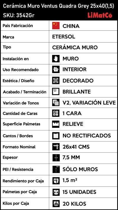 Cerámica Muro Ventus Quadra Grey Texturado 25x40(1,5) - Imagen 4