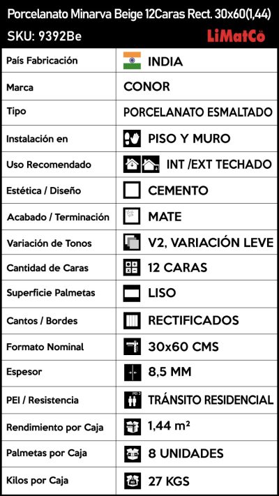 Porcelanato Minarva Beige 12Caras Rectificado 30x60(1,44) - Imagen 4