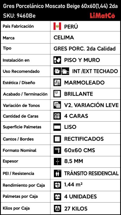 Gres Porcelánico Moscato Beige 4Caras Rectificado 60x60(1,44) 2da - Imagen 4