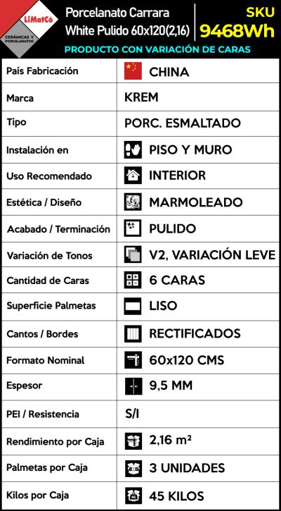 Porcelanato Carrara White Pulido CALA056 6Caras 60x120(2,16) - Imagen 4